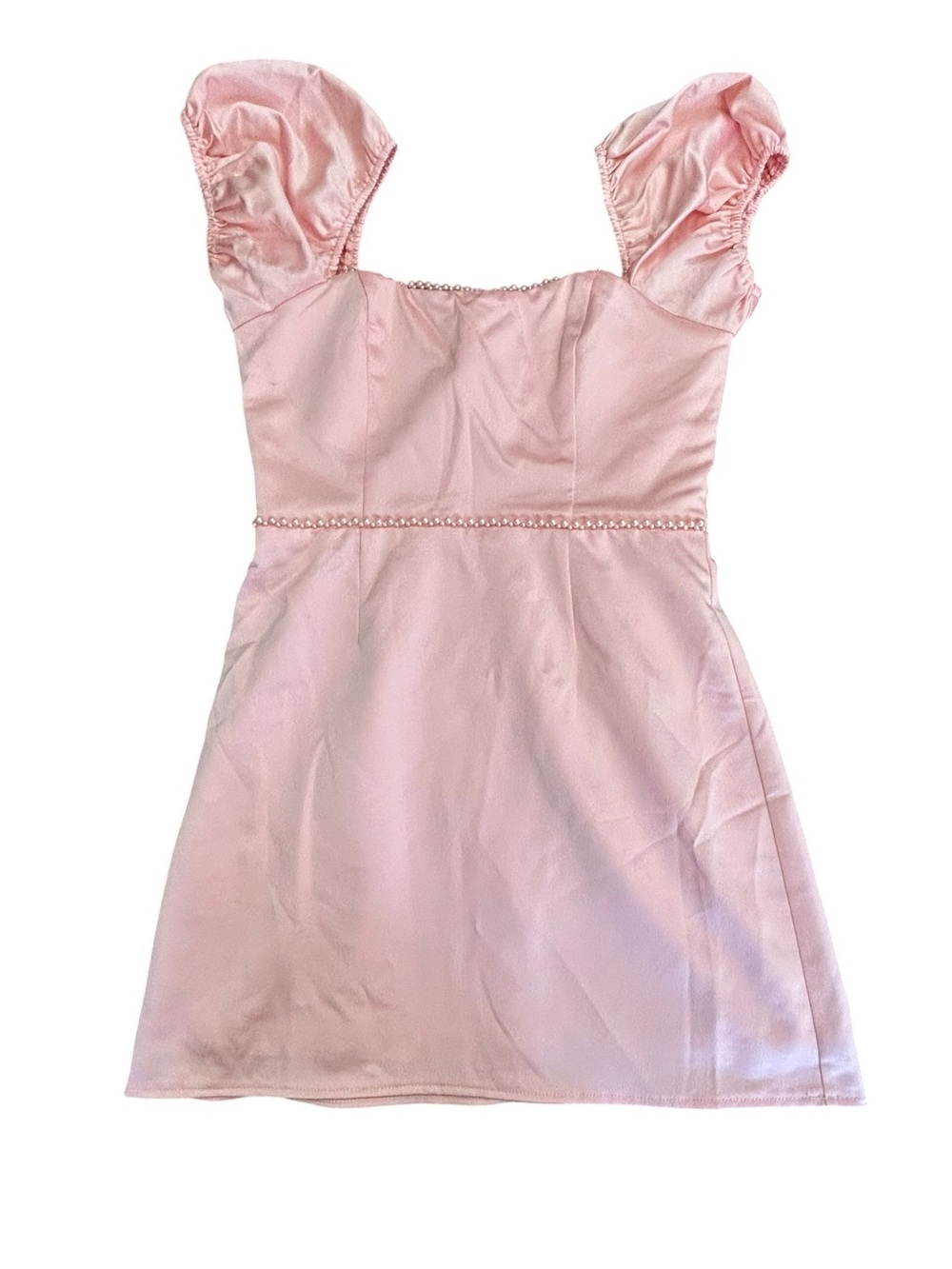 Lulus Adorable Poise Peach Pink Pearl Puff Sleeve Mini Dress Satin XS Coquette